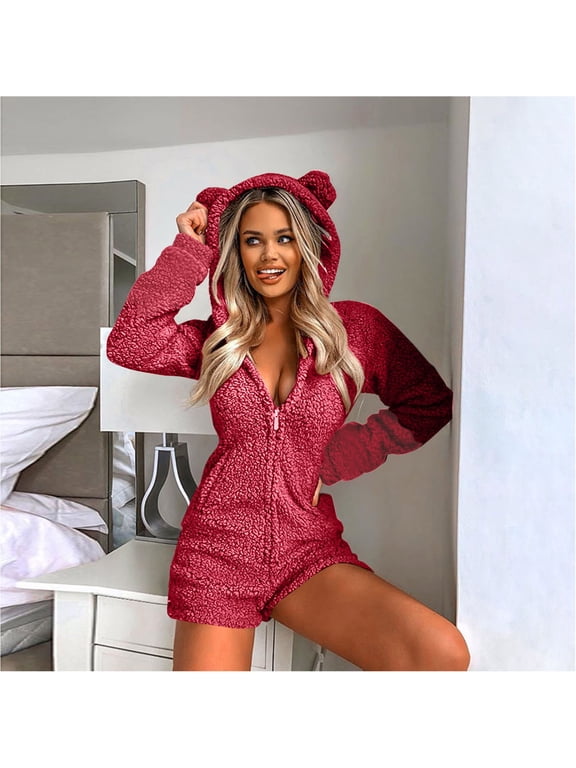 Weiqiqre Rompers for Women Fleece Onesies Pajamas Fuzzy Sherpa Adult Hooded One Piece Onesie Winter Romper Flannel Loungewear Sleepwear