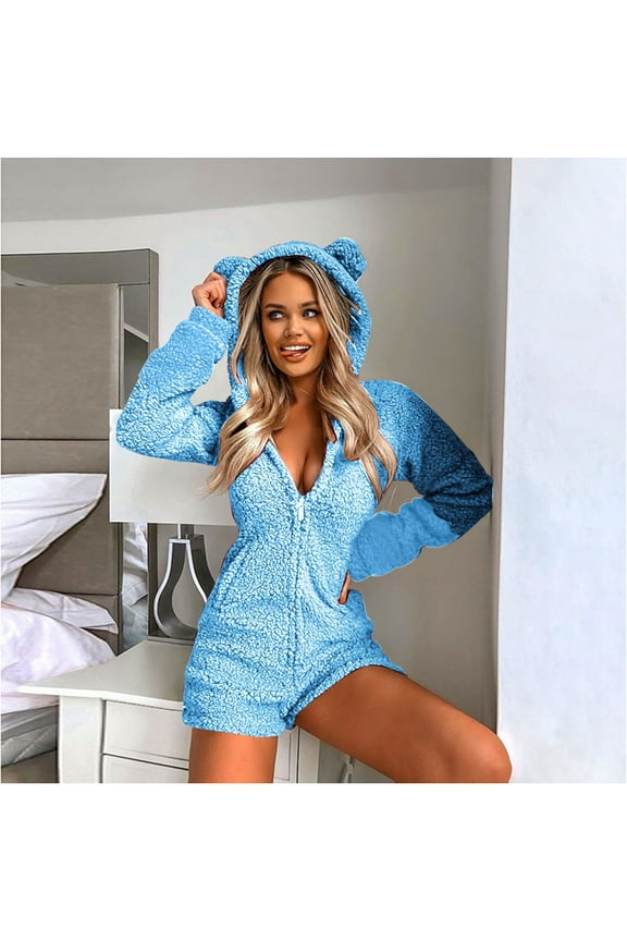 Weiqiqre Rompers for Women Fleece Onesies Pajamas Fuzzy Sherpa Adult Hooded One Piece Onesie Winter Romper Flannel Loungewear Sleepwear