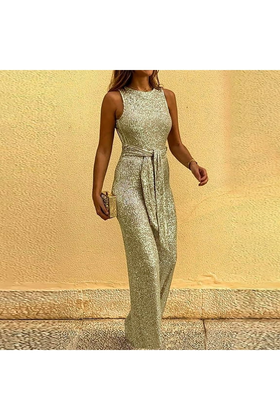 Weiqiqre Rompers for Women Sparkly Maxi Dress V Neck High Slit Wrap Formal Solid Color Backless V-Neck Sleeveless Jumpsuit