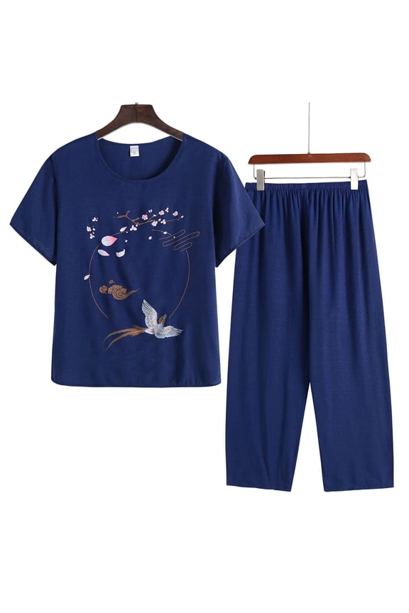 Weiqiqre Satin Pajama Set for Women 2 Piece Loose Outfits Short Sleeve Floral Print Lounge Sets