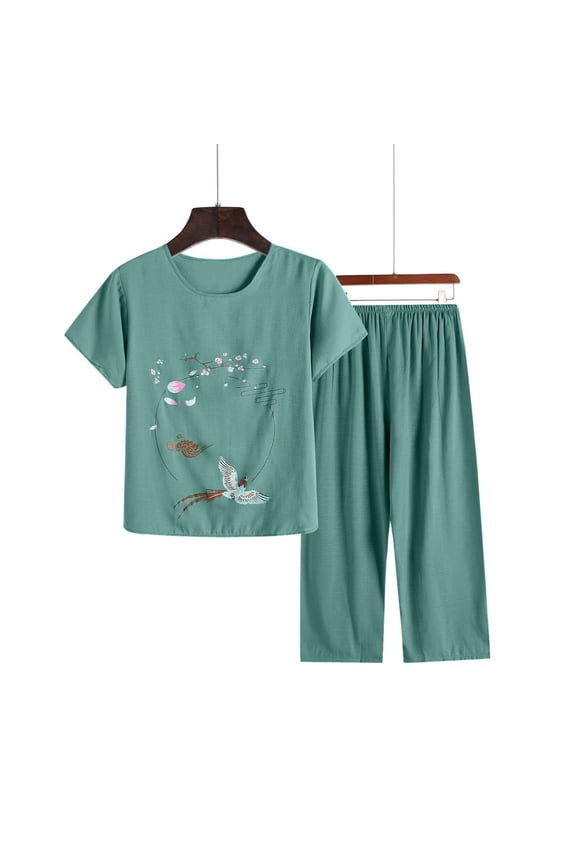Weiqiqre Satin Pajama Set for Women 2 Piece Loose Outfits Short Sleeve Floral Print Lounge Sets