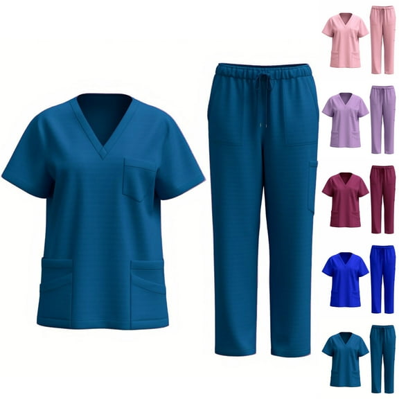 Weiqiqre Scrubs Set for Women Nurse Uniform Jogger Suit Stretch Top & Pants with Multi Pocket for Nurse Esthetician Workwear