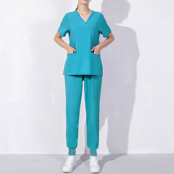 Weiqiqre Scrubs for Women Set V-Neck Pocket Top & Drawstring Jogger Scrub Pants Stretch Nursing Scrubs Set Uniform
