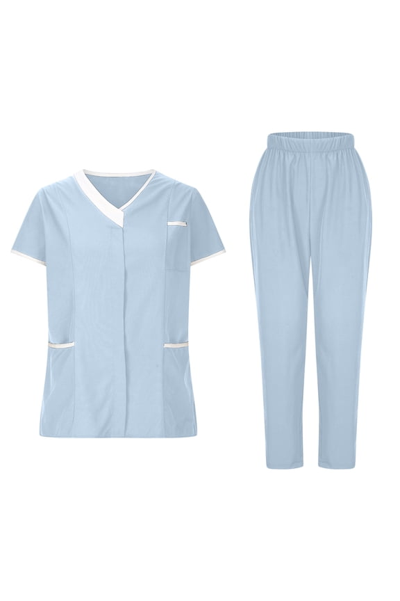 Scrubs for Women Set V-Neck Pocket Top & Drawstring Jogger Scrub Pants Stretch Nursing Scrubs Set Uniform