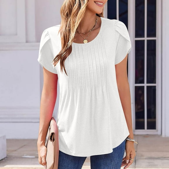 Weiqiqre Shirts for Women Tops Petal Short Sleeve Summer Casual Dressy Shirts Floral Solid Blouse Pleated Tunics