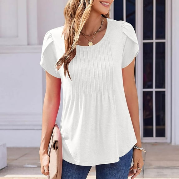 Weiqiqre Shirts for Women Tops Petal Short Sleeve Summer Casual Dressy Shirts Floral Solid Blouse Pleated Tunics