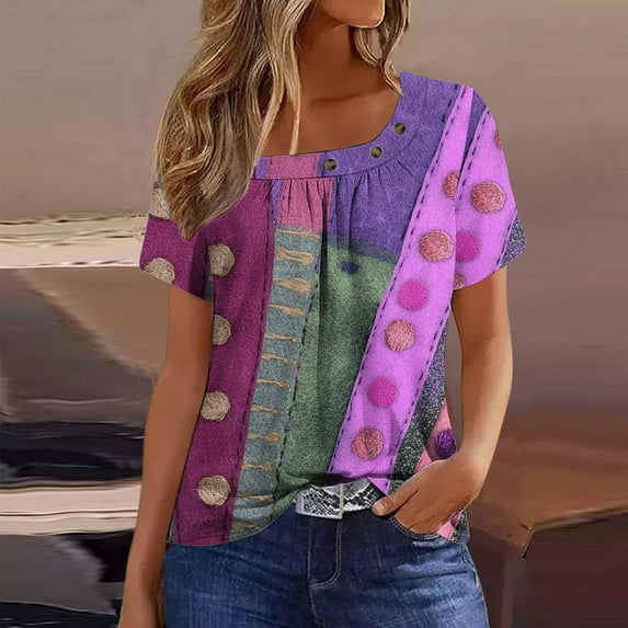 Fewfanhot Shirts for Women Trendy Asymmetrical Neck Button Cute Summer Tops Casual Vintage Graphic Tees Blouses