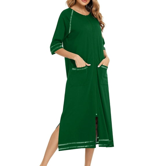 Weiqiqre Sleepwear for Women Long House Coat Zipper Front Robes Full Length Nightgowns with Pockets Striped Loungewear