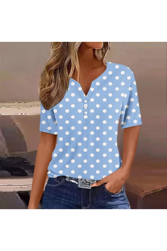 Spring Tops for Women V Neck Polka Dot Graphic Tees Shirts Button Three Quarter Length Dressy Blouses