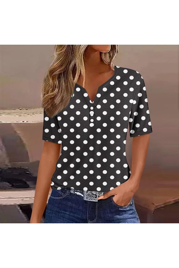 Spring Tops for Women V Neck Polka Dot Graphic Tees Shirts Button Three Quarter Length Dressy Blouses