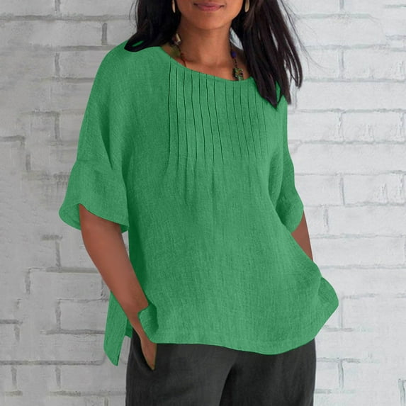 Weiqiqre Spring+Tops+for+Women Plus Size Tops Tunic Short Sleeve Round Neck Shirts Pleated Dressy Casual Soft Blouse
