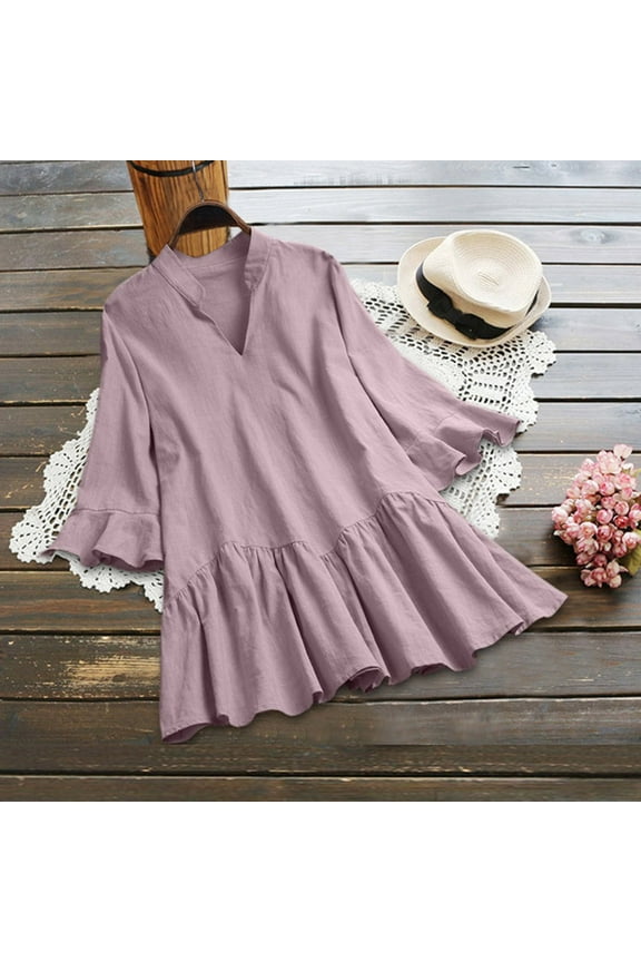 Summer Comfy Cotton Plus Size Tops for Women Loose Casual Solid Color V-Neck Flowy New Arrival Tops Blouse L-8XL
