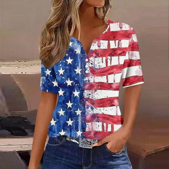 Weiqiqre Summer Dresses for Women Plus Size USA Flag V-Neck T-Shirt Women Distressed American Flag Graphic Tees Short Sleeve 4th of July Patriotic Tops