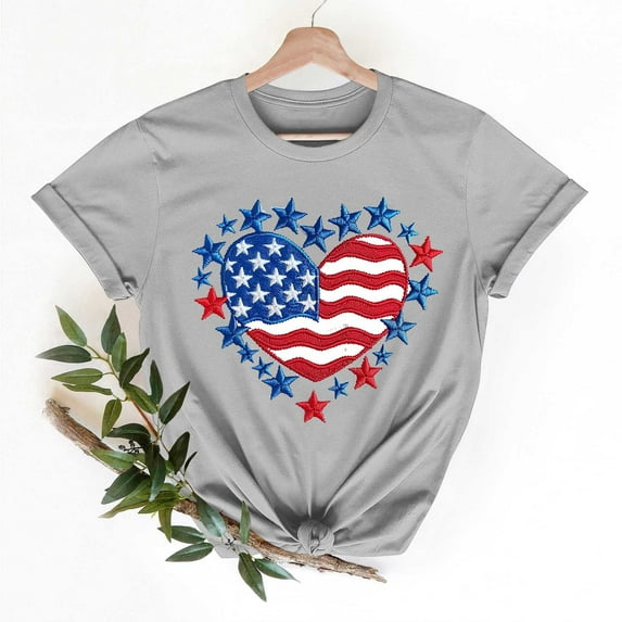 Weiqiqre Summer Dresses for Women American Flag Shirt Women Patriotic Shirts 4th of July Flag Heart Graphic T-Shirts Short Sleeve USA Tee Tops