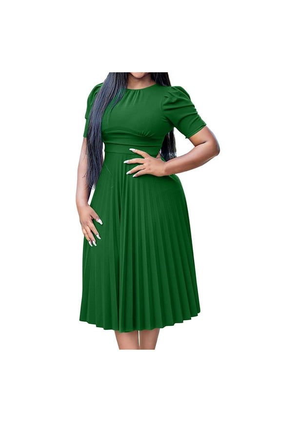 Weiqiqre Summer Dresses for Women Casual Fit and Flare Swing Dress Round Neck Short Sleeve Flowy Church Dress