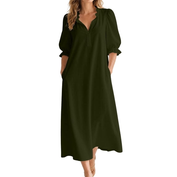 Fewfanhot Dresses for Women V Neck Short Sleeves Solid Color Casual Flowy Summer Dresses