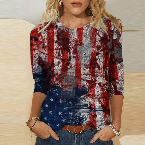 Weiqiqre Summer Dresses for Women 2025 Patriotic American Flag Printed T-Shirt Summer Novel Round Neck Short Sleeve Shirts