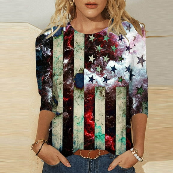Weiqiqre Summer Dresses for Women 2025 Patriotic American Flag Printed T-Shirt Summer Novel Round Neck Short Sleeve Shirts