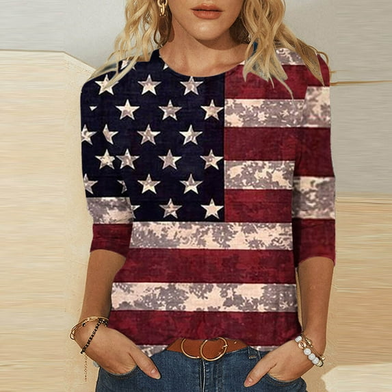 Weiqiqre Summer Dresses for Women 2025 Patriotic American Flag Printed T-Shirt Summer Novel Round Neck Short Sleeve Shirts