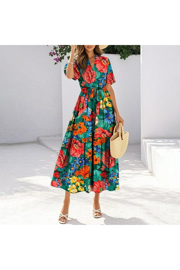 Weiqiqre Summer Dresses for Women Floral V Neck Puff Sleeve Empire Waist A Line Flowy Long Beach Boho Dress
