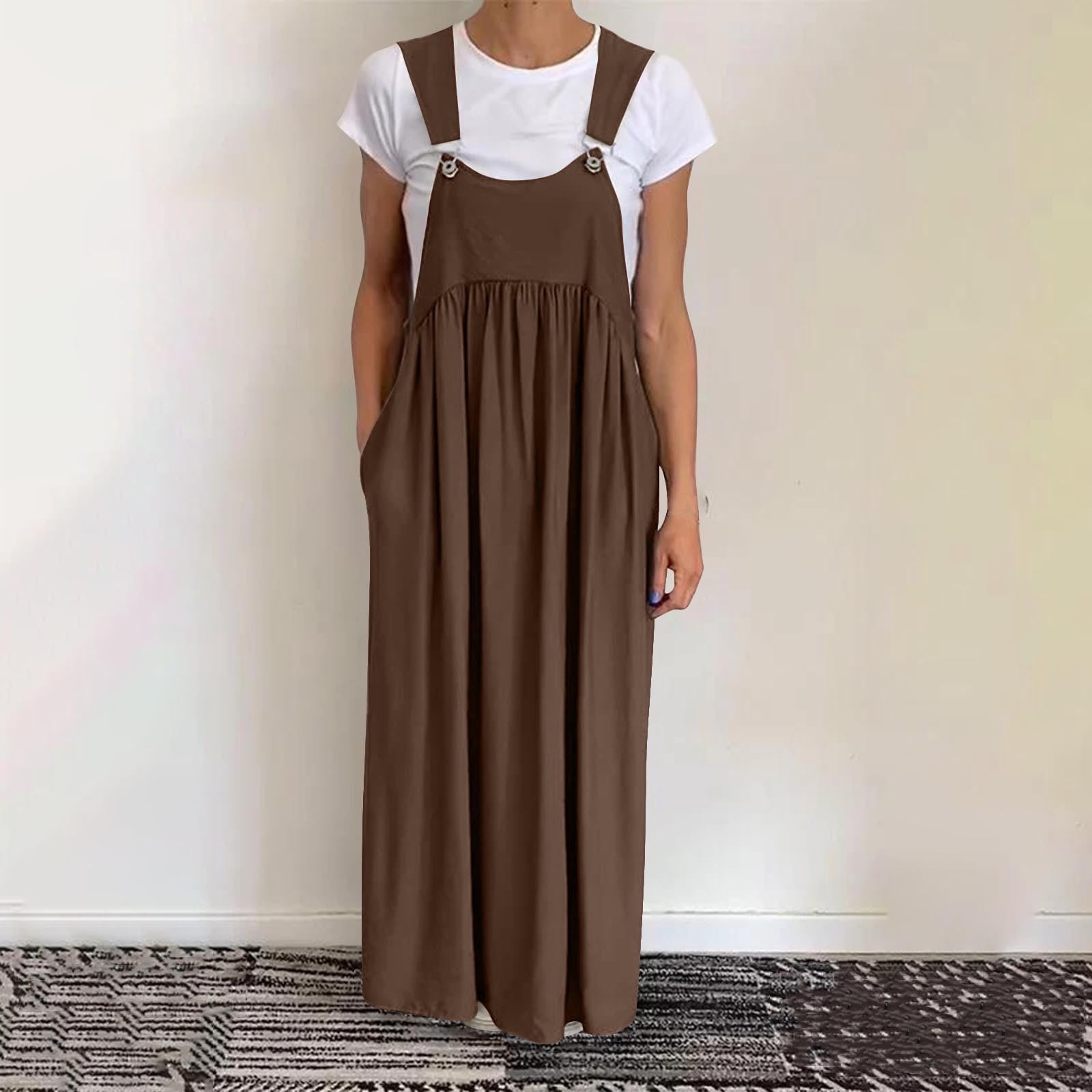 ladies jumper dresses sale EXPOING Denim Jumper Dress for Women Loose Version Baggy Style Maxi Length Adjustable Straps Wide Hemline (Black XS) at Amazon Women's Clothing store