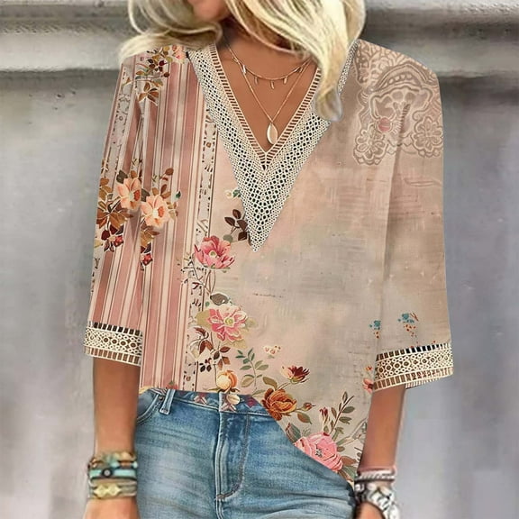 Weiqiqre Summer Fashion Tops for Women Floral Printed Lace V-Neck 3/4 Sleevet Casual T-shirt Blouse