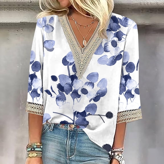 Weiqiqre Summer Fashion Tops for Women Floral Printed Lace V-Neck 3/4 Sleevet Casual T-shirt Blouse