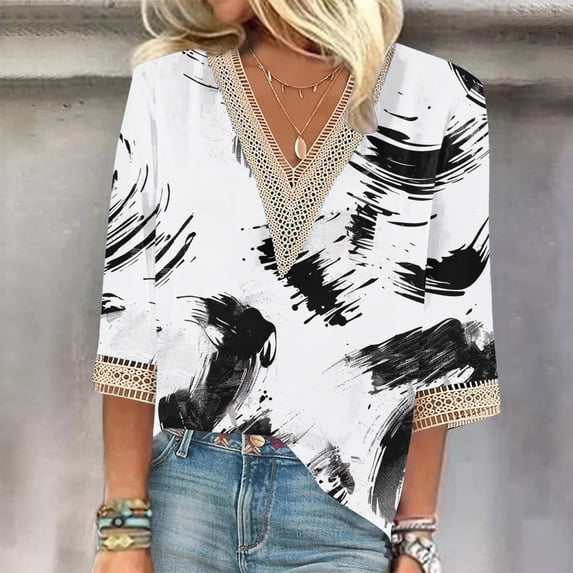 Weiqiqre Summer Fashion Tops for Women Floral Printed Lace V-Neck 3/4 Sleevet Casual T-shirt Blouse