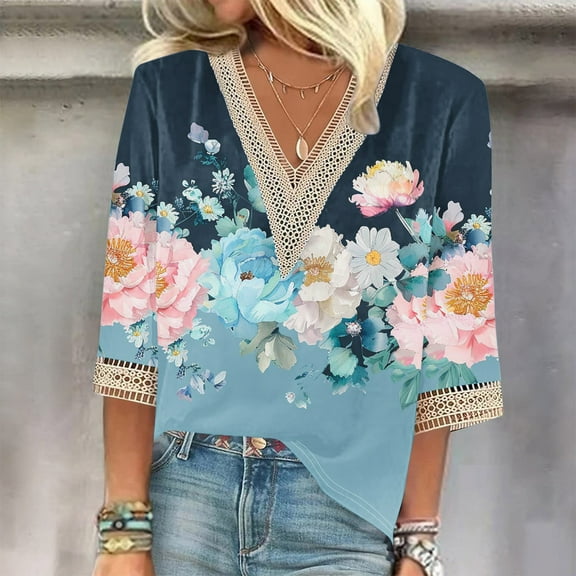 Weiqiqre Summer Fashion Tops for Women Floral Printed Lace V-Neck 3/4 Sleevet Casual T-shirt Blouse