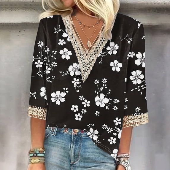 Weiqiqre Summer Fashion Tops for Women Floral Printed Lace V-Neck 3/4 Sleevet Casual T-shirt Blouse