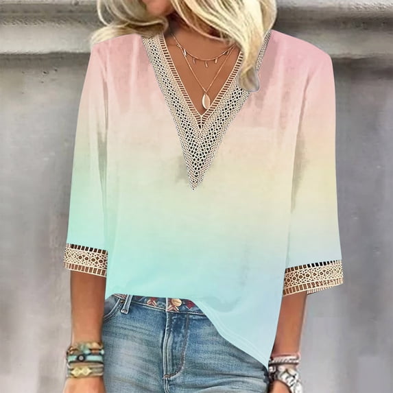 Weiqiqre Summer Fashion Tops for Women Graphic Gradient Printed Lace V-Neck 3/4 Sleevet Casual T-shirt Blouse