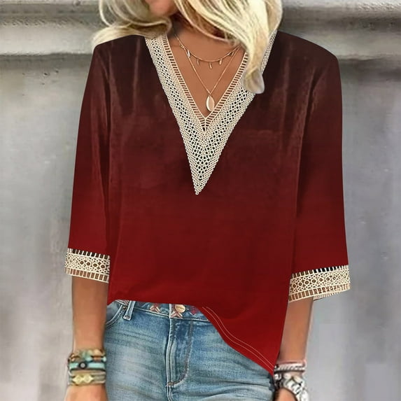 Weiqiqre Summer Fashion Tops for Women Graphic Printed Lace V-Neck 3/4 Sleevet Casual T-shirt Blouse
