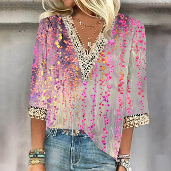Weiqiqre Summer Fashion Tops for Women Graphic Printed Lace V-Neck 3/4 Sleevet Casual T-shirt Blouse