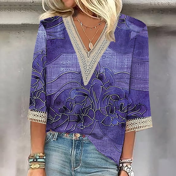 Weiqiqre Summer Fashion Tops for Women Graphic Printed Lace V-Neck 3/4 Sleevet Casual T-shirt Blouse