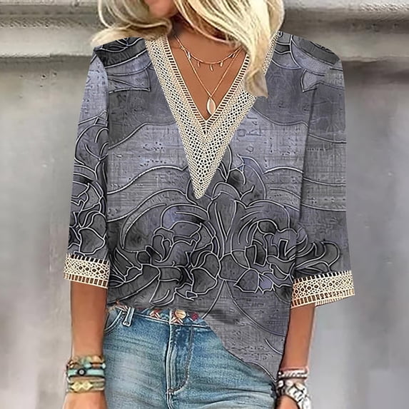 Weiqiqre Summer Fashion Tops for Women Graphic Printed Lace V-Neck 3/4 Sleevet Casual T-shirt Blouse
