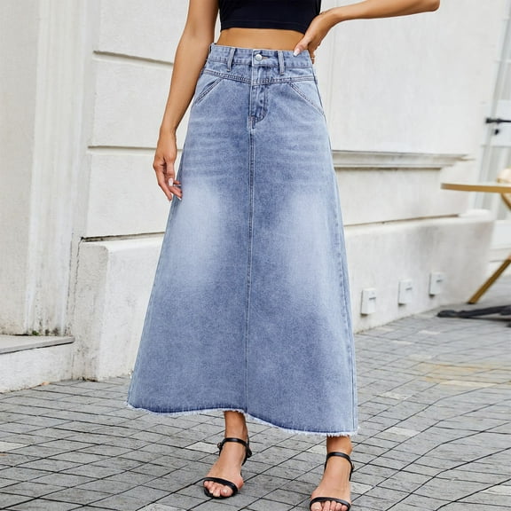 Weiqiqre Summer Skirts for Women Vintage Denim Maxi Skirt Casual High Waist A-Line Frayed Hem Long Jean Skirt with Pockets