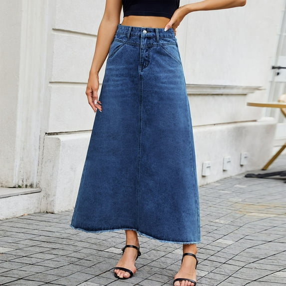 Weiqiqre Summer Skirts for Women Vintage Denim Maxi Skirt Casual High Waist A-Line Frayed Hem Long Jean Skirt with Pockets