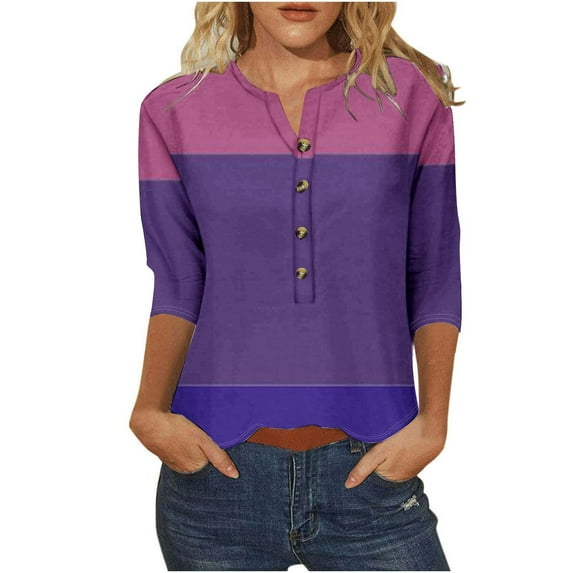 Weiqiqre Summer Tops for Women Women 3/4 Length Sleeve Crewneck Color Block Button Tops Loose Casual Tops Blouses S-XXXL