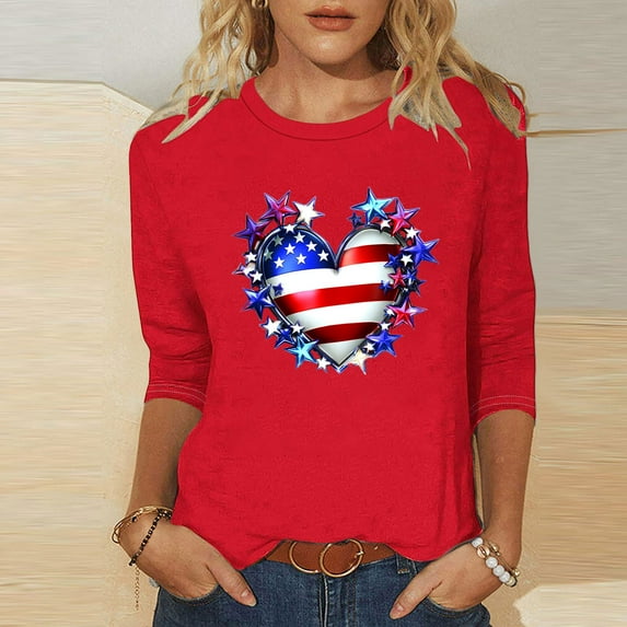 Weiqiqre Summer Tops for Women 2025 4Th of July Shirts for Women 3/4 Sleeve Plus Size T Shirt Round Neck Soft Cotton Tops