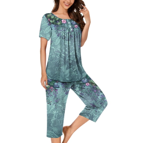 Weiqiqre Summer Two Piece Sets for Women Sleepwear Sets Short Sleeve Button Tops and Capri Pants Loungewear