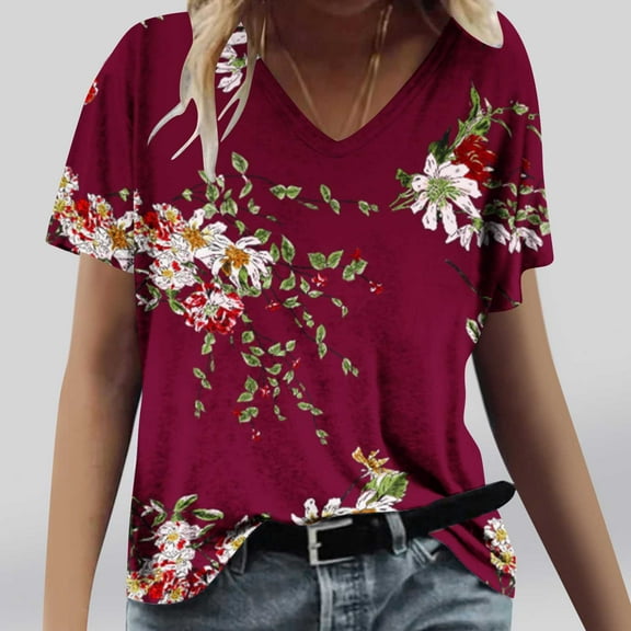 Weiqiqre Summer Womens Casual Tops Loose Fit V-neck Short Sleeve Floral Printed New Arrival Women's Fashion Tops Blouses