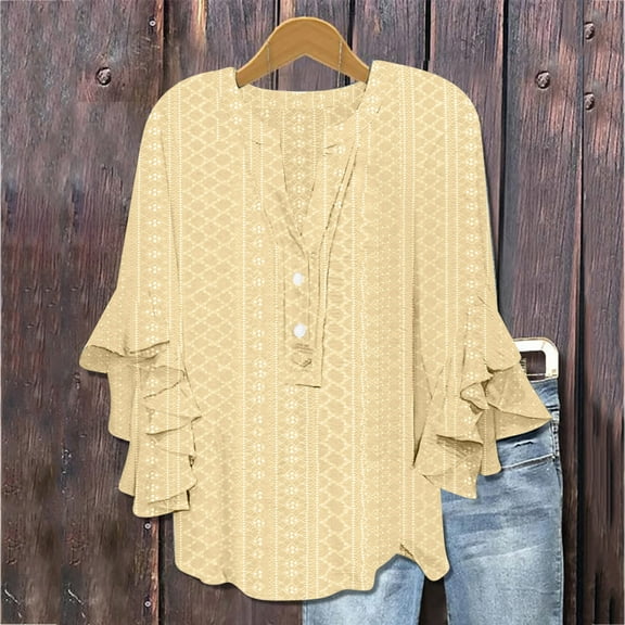 Weiqiqre T Shirts for Women Casual Ruffle Floral Henley Notched V Neck T Shirts Loose Fit Graphic Button Dressy Blouses