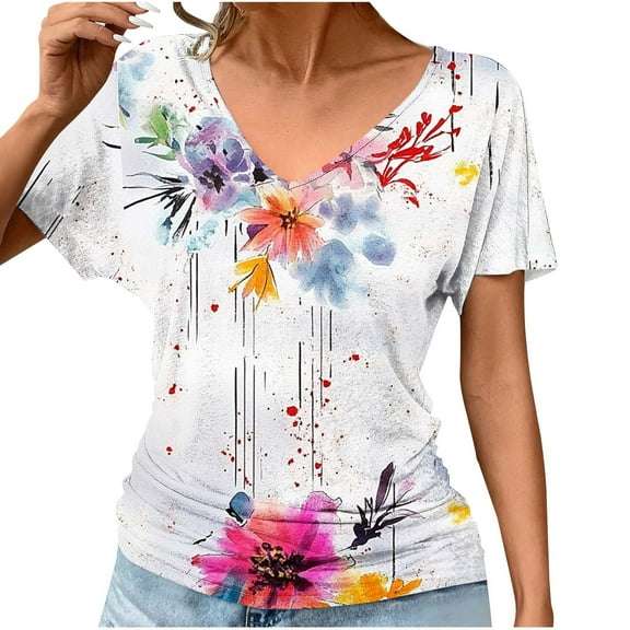 Weiqiqre T Shirts for Women Short Sleeve Shirts V Neck Blouse Ruched Business Casual Basic Tunic Tops