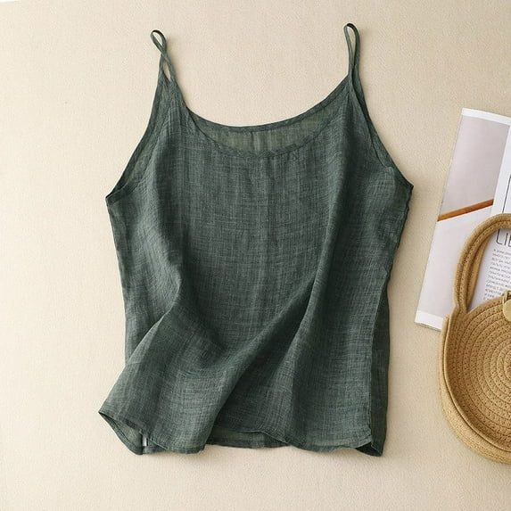Weiqiqre Tank Top for Women Linen Camisole Tank Top V-Neck Loose Casual Adjustable Strap Tops
