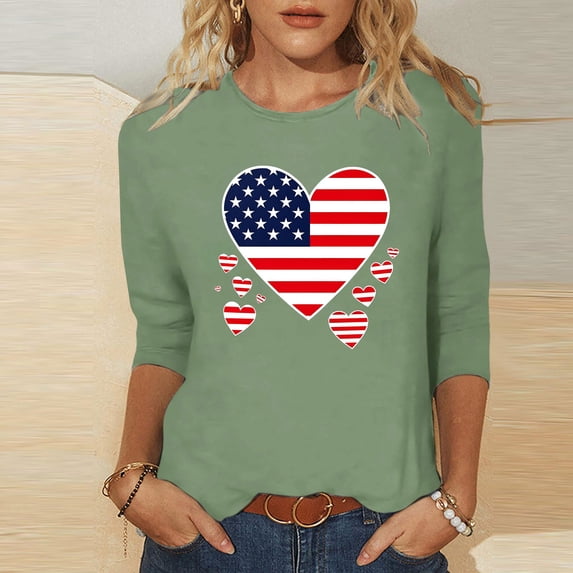 Weiqiqre Tops for Women Trendy 4Th of July Shirts for Women 3/4 Sleeve Plus Size T Shirt Round Neck Soft Cotton Tops