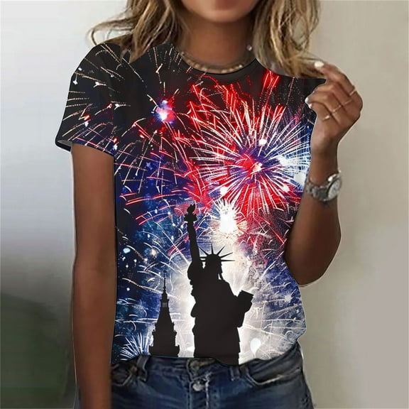 Weiqiqre Tops for Women Trendy American Flag Shirt for Women Firework Fourth of July T Shirt Patriotic Graphic Tee USA Flag Short Sleeve Tops