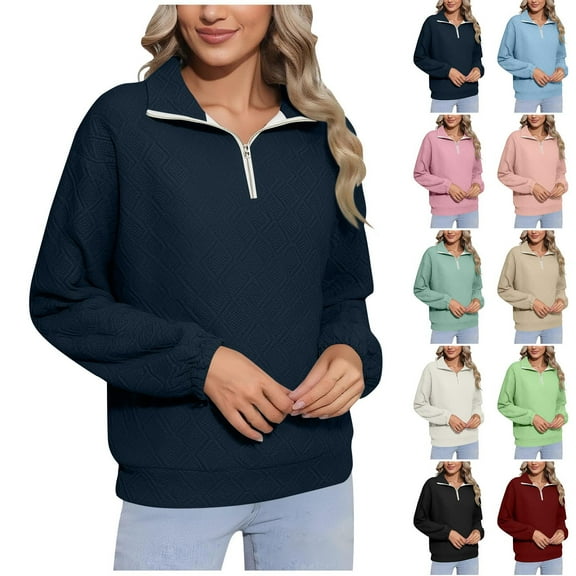 Weiqiqre Tops for Women Trendy Long Sleeve Quarter Zip Pullover Quilted Sweatshirt Casual Loose V Neck Collared Tops with Pockets