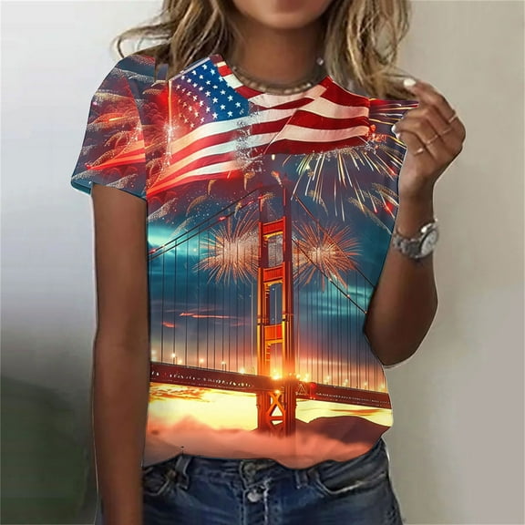 Weiqiqre Tshirts Shirts for Women American Flag Shirt for Women Firework Fourth of July T Shirt Patriotic Graphic Tee USA Flag Short Sleeve Tops