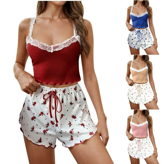 Weiqiqre Two Piece Sets for Women Graphic 2 Piece Pajama Set Summer Cute Crop Cami and Shorts Ribbed Lounge Sets