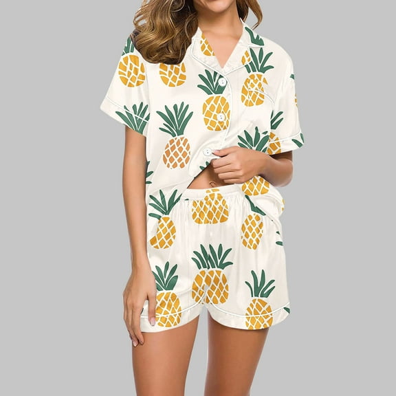Weiqiqre Two Piece Sets for Women Short Sleeve Lounge Set Summer Sleepwear Notch Collar Button-Down Pjs